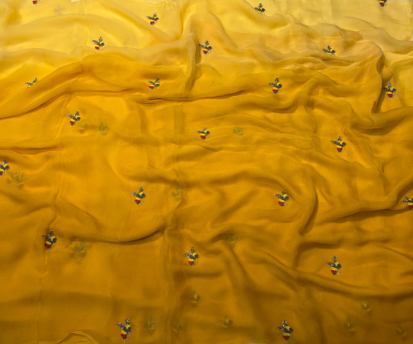 YELLOW SHADED CHIFFON SAREE WITH BEADED HONEY BEE MOTIFS