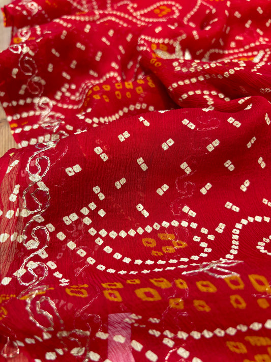 RED CHIFFON BANDHANI SAREE WITH AARI ZARI EMBROIDERY MOTIFS ( DELIVERY IN 15-20 DAYS )