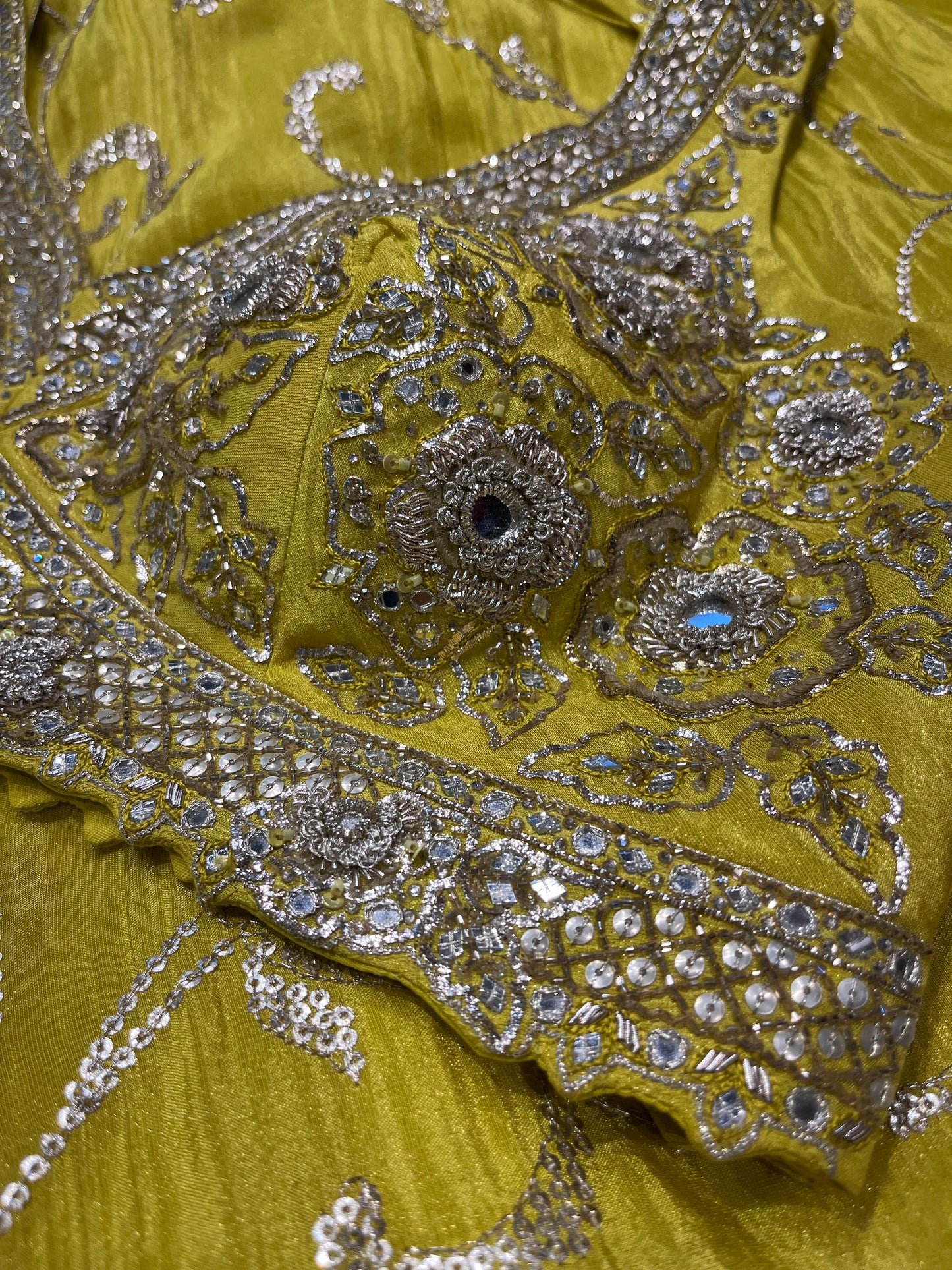 ( DELIVERY IN 25 DAYS ) LEMON YELLOW COLOUR CREPE TISSUE LEHENGA WITH READYMADE BLOUSE EMBELLISHED WITH SEQUINS & MIRROR WORK