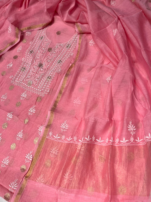 PINK COLOUR CHANDERI CHIKANKARI UNSTITCHED SUIT WITHOUT BOTTOM