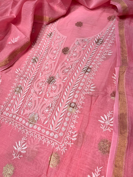 PINK COLOUR CHANDERI CHIKANKARI UNSTITCHED SUIT WITHOUT BOTTOM
