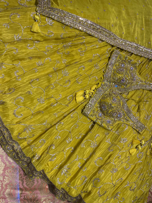 LEMON YELLOW COLOUR CREPE TISSUE LEHENGA WITH READYMADE BLOUSE EMBELLISHED WITH SEQUINS & MIRROR WORK