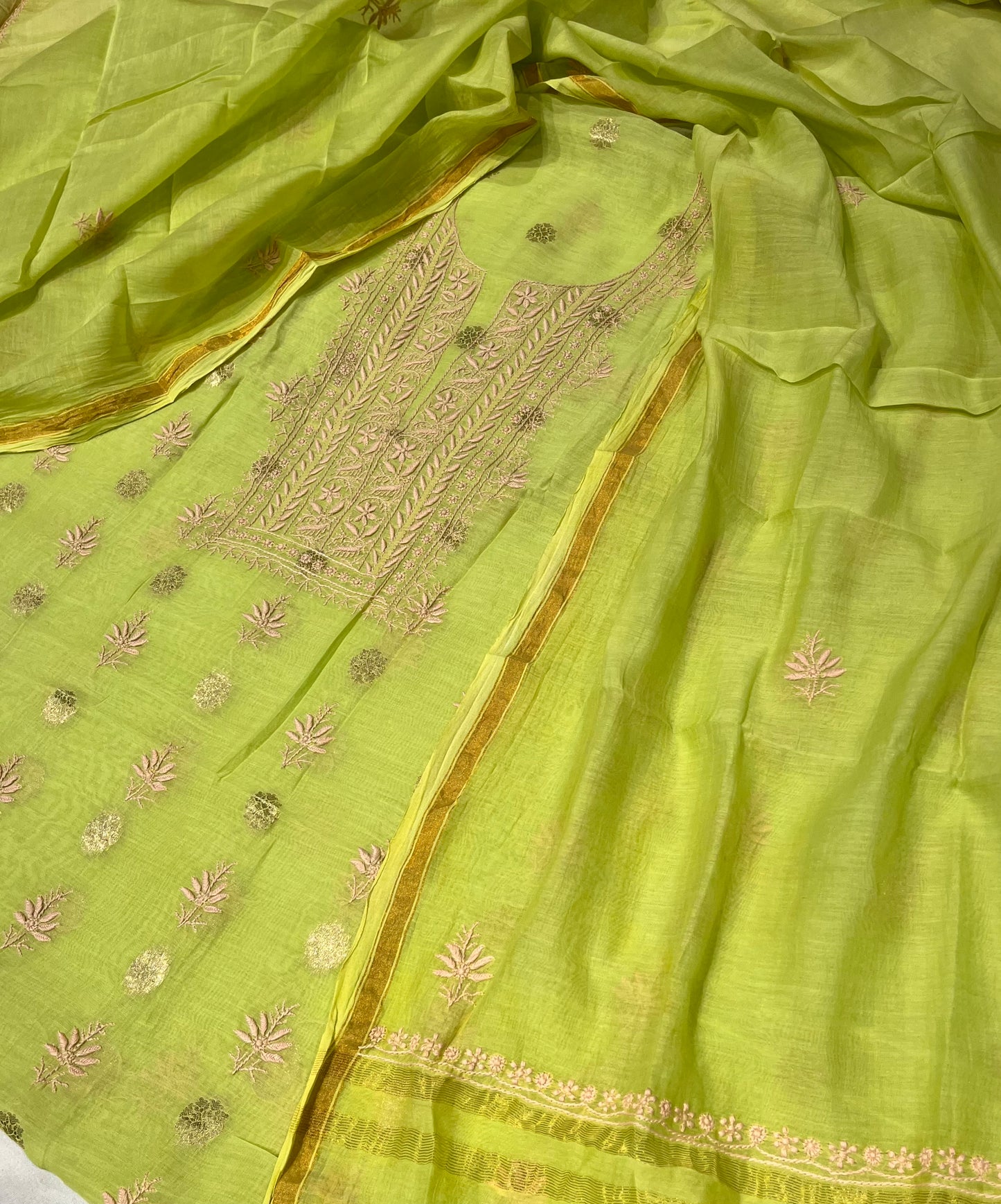 PARROT GREEN COLOUR CHANDERI CHIKANKARI UNSTITCHED SUIT WITHOUT BOTTOM