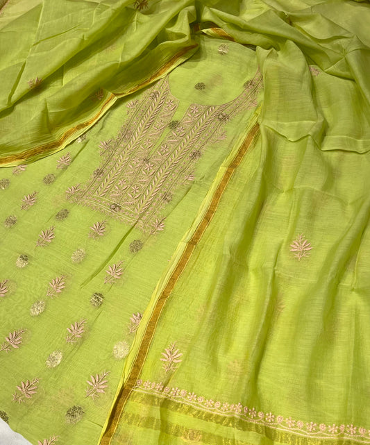 PARROT GREEN COLOUR CHANDERI CHIKANKARI UNSTITCHED SUIT WITHOUT BOTTOM