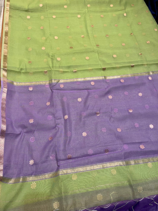 GREEN COLOUR ART MAHESHWARI SAREE WITH CONTRAST PALLA, BLOUSE & ZARI BUTTI - Kothari Sons