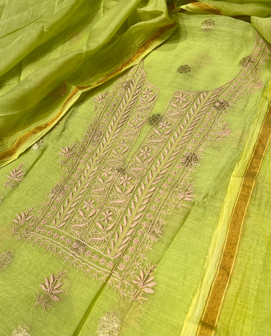 PARROT GREEN COLOUR CHANDERI CHIKANKARI UNSTITCHED SUIT WITHOUT BOTTOM