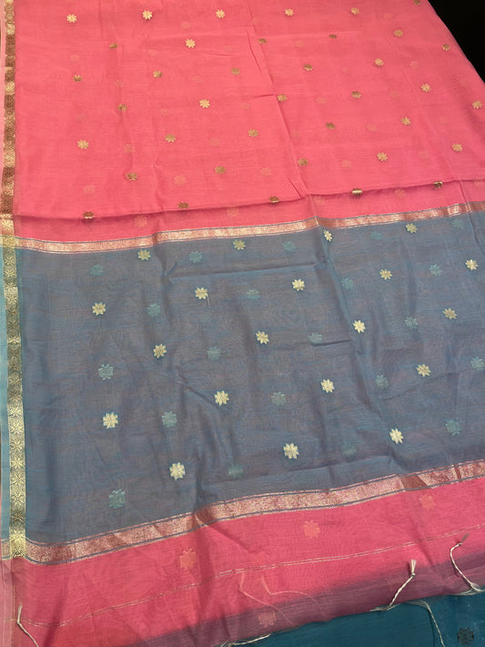 PINK COLOUR ART MAHESHWARI SAREE WITH CONTRAST PALLA, BLOUSE & ZARI BUTTI ( DELIVERY IN 20-25 DAYS )