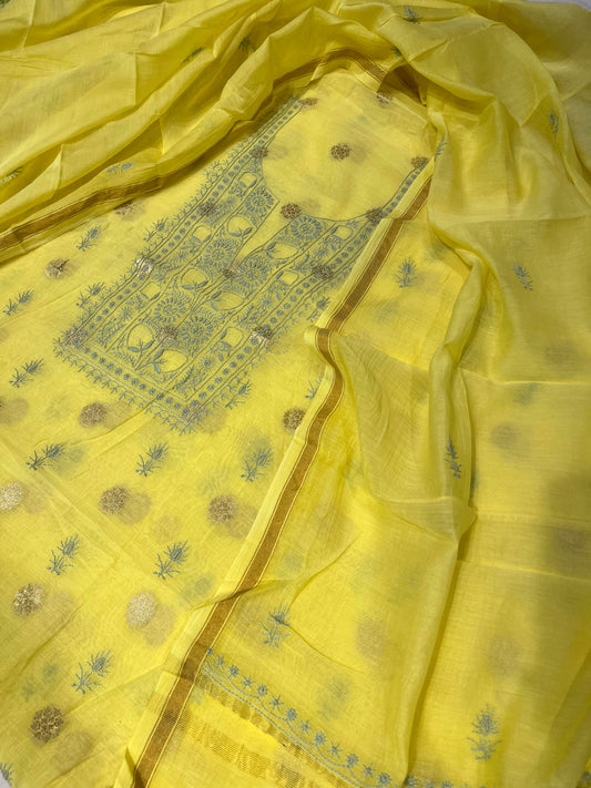 LEMON YELLOW COLOUR CHANDERI CHIKANKARI UNSTITCHED SUIT WITHOUT BOTTOM