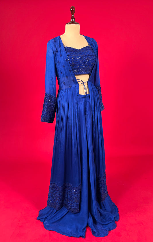 ( DELIVERY IN 25 DAYS ) BLUE COLOUR CHINON PALAZZO PANT WITH CROP TOP & SHRUG EMBELLISHED WITH CUTDANA & SEQUINS WORK