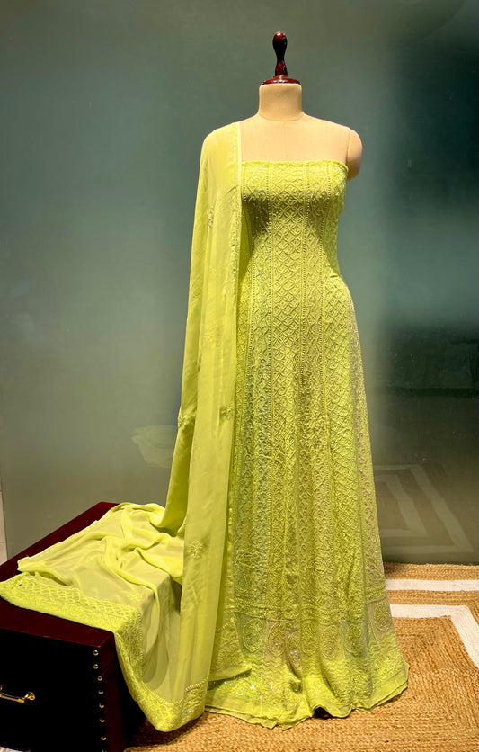 GREEN COLOUR GEORGETTE CHIKANKARI ANARKALI UNSTITCHED SUIT WITHOUT BOTTOM EMBELLISHED WITH CUTDANA & SEQUINS WORK