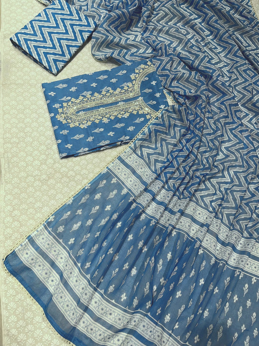 BLUE COLOUR COTTON PRINTED UNSTITCHED SUIT