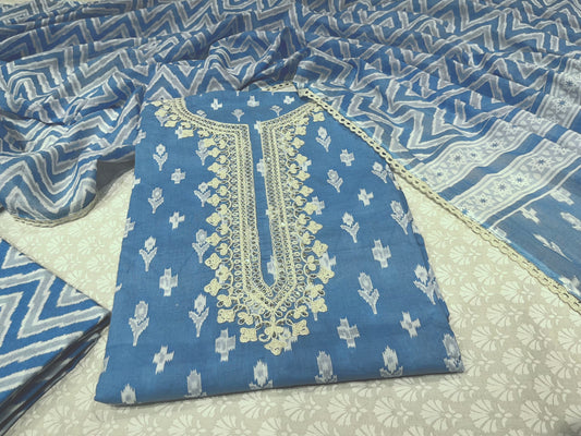 BLUE COLOUR COTTON PRINTED UNSTITCHED SUIT