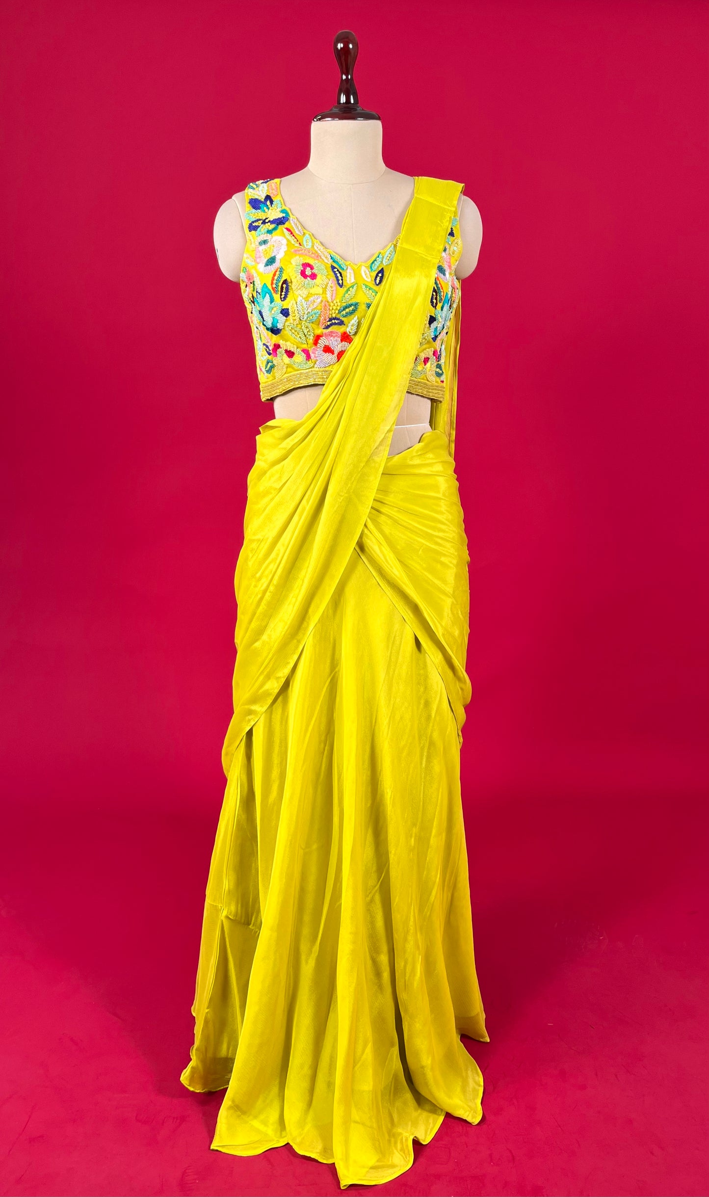 PARROT GREEN COLOUR CHINON READYMADE SAREE WITH READYMADE EMBROIDERED BLOUSE EMBELLISHED WITH BEADS & RESHAM WORK