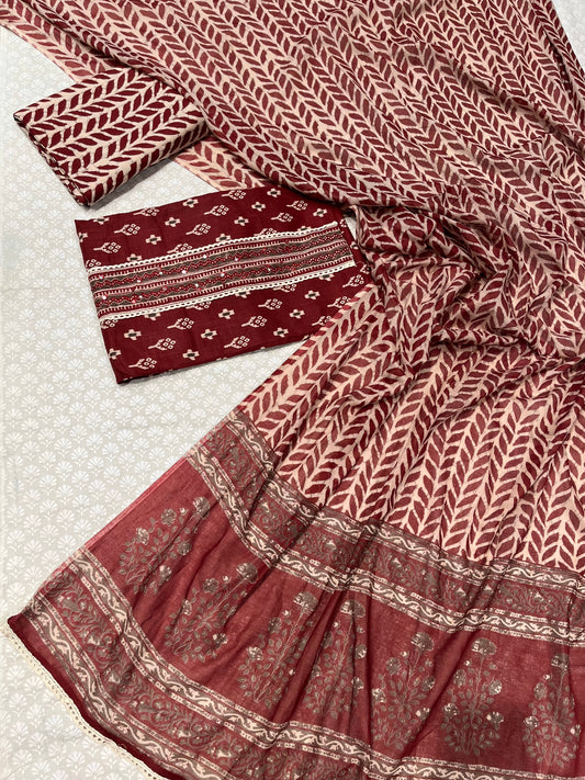 MAROON COLOUR LINEN PRINTED UNSTITCHED SUIT