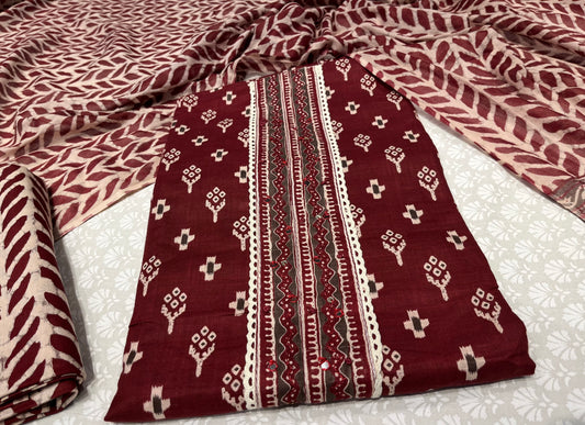 MAROON COLOUR LINEN PRINTED UNSTITCHED SUIT