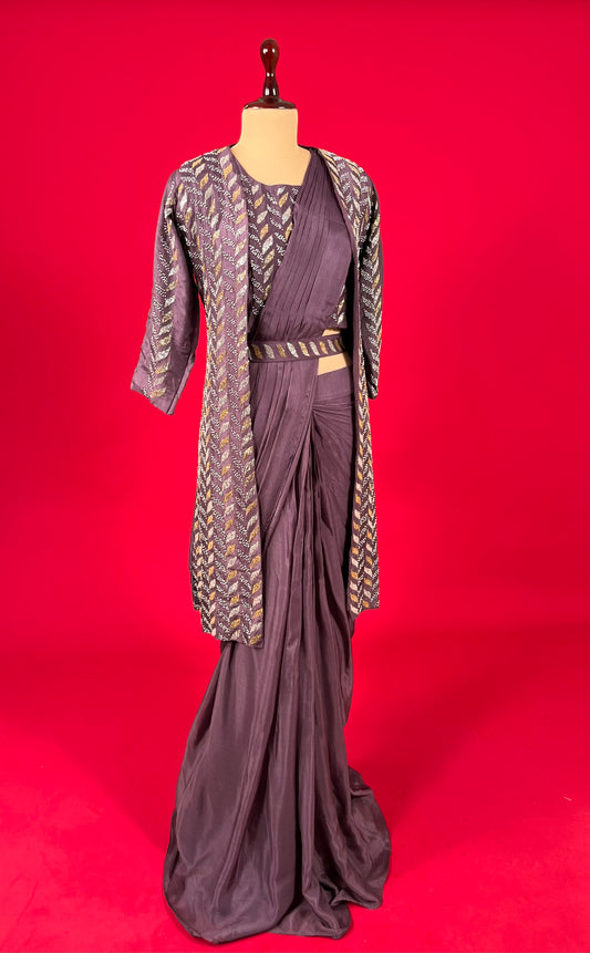 MAUVE COLOUR CHINON READYMADE SAREE WITH READYMADE BLOUSE & SHRUG EMBELLISHED WITH CUTDANA & BEADS WORK