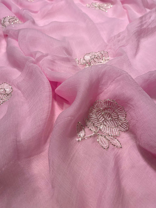 PINK COLOUR CHIFFON EMBROIDERED SAREE EMBELLISHED WITH CUTDANA & SEQUINS WORK