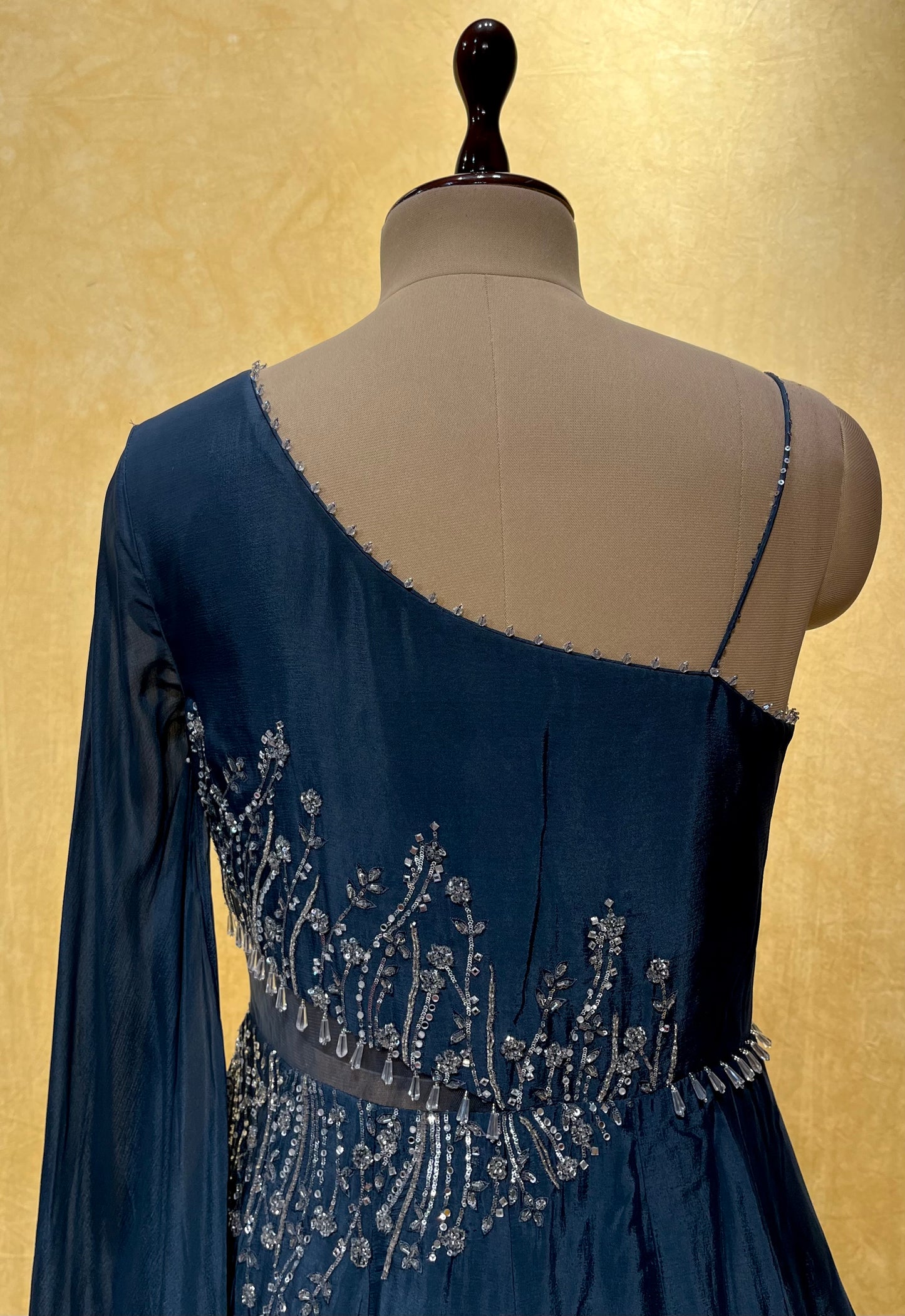 TEAL BLUE COLOUR CHINON EMBROIDERED GOWN EMBELLISHED WITH CUTDANA WORK