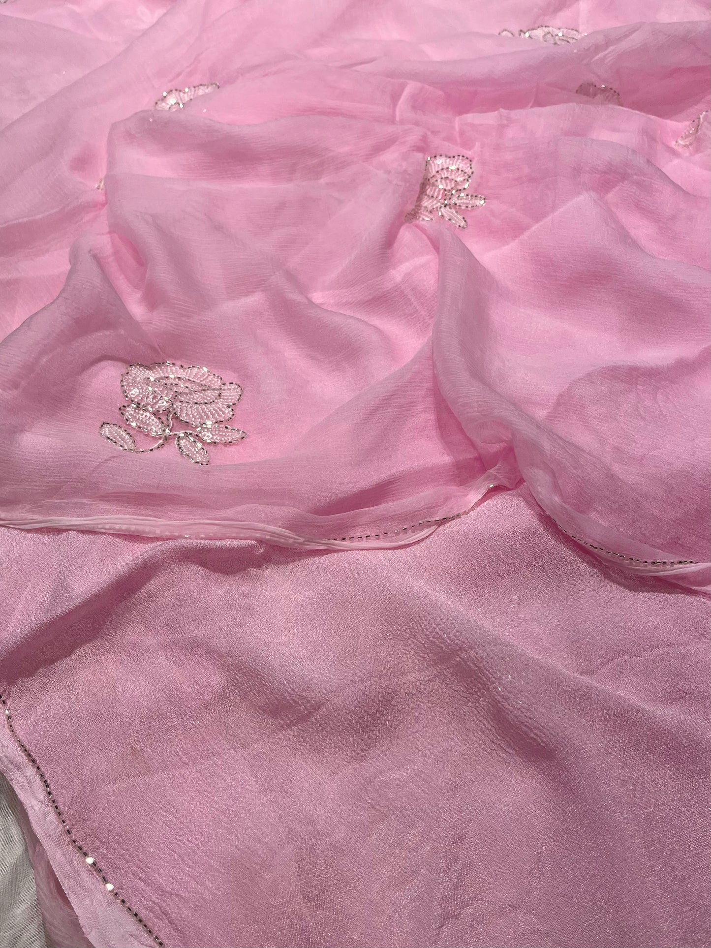 PINK COLOUR CHIFFON EMBROIDERED SAREE EMBELLISHED WITH CUTDANA & SEQUINS WORK