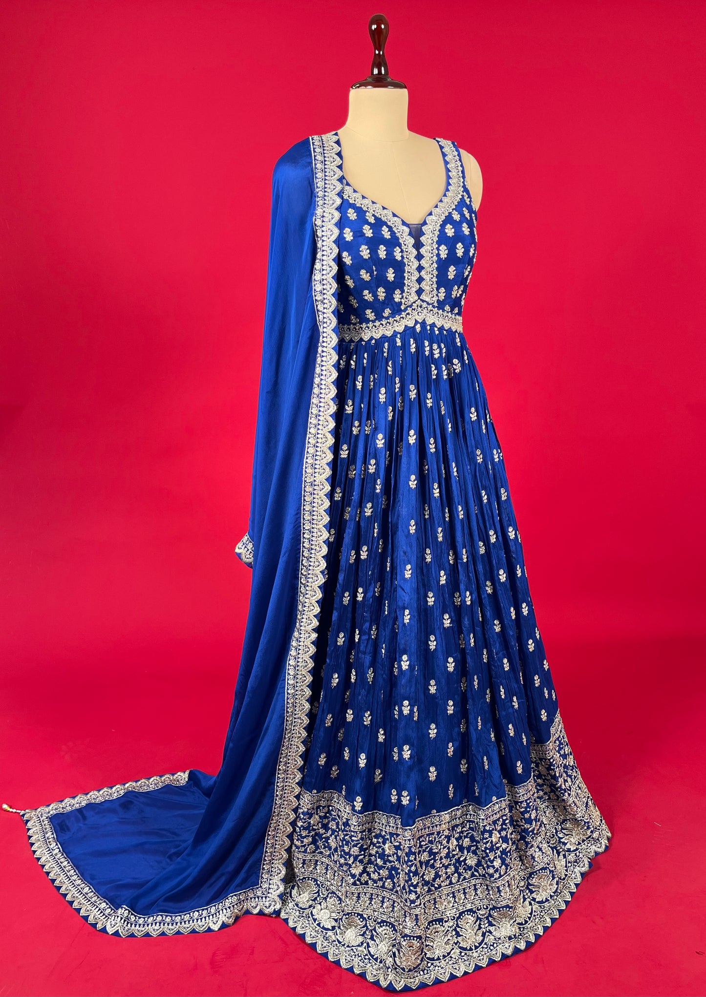 BLUE COLOUR CHINON FLOOR LENGTH ANARKALI SUIT EMBELLISHED WITH CUTDANA & ZARI WORK