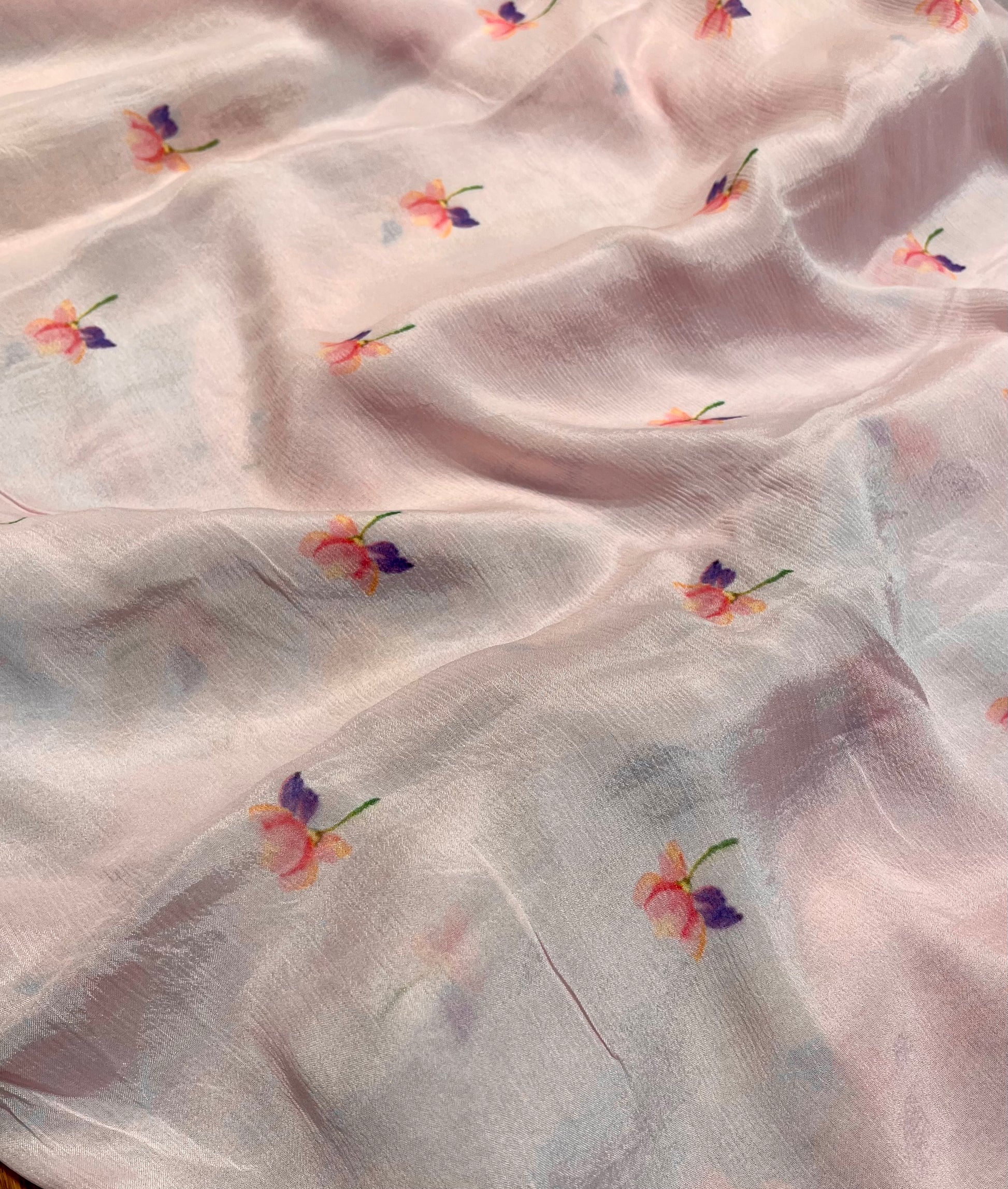 BABY PINK COLOUR PRINTED CHIFFON SAREE WITH CHINON BLOUSE - Kothari Sons