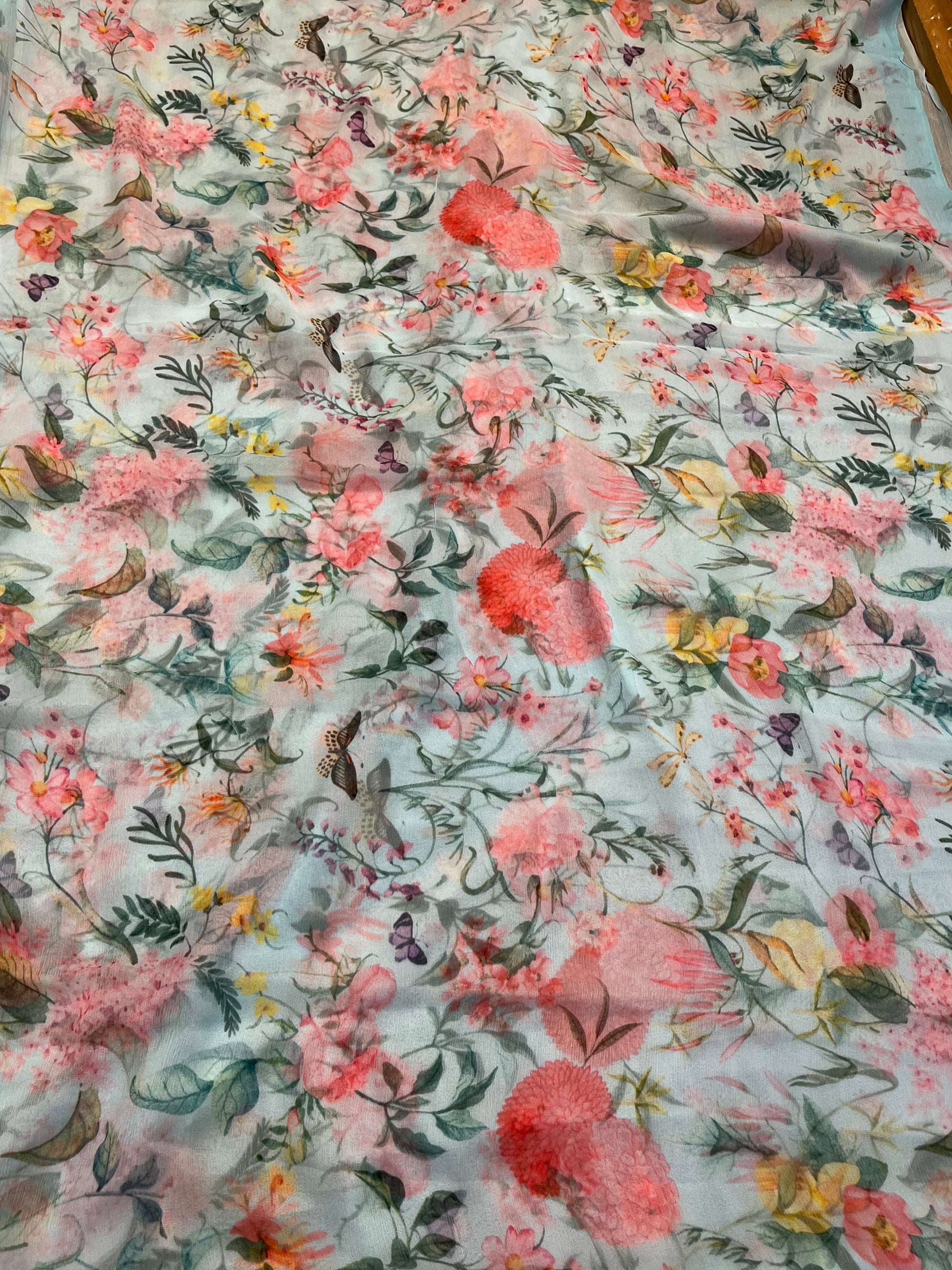 PASTEL BLUE COLOUR CHIFFON FLORAL PRINTED SAREE WITH CHINON BLOUSE ( DELIVERY IN 30 DAYS ) - Kothari Sons