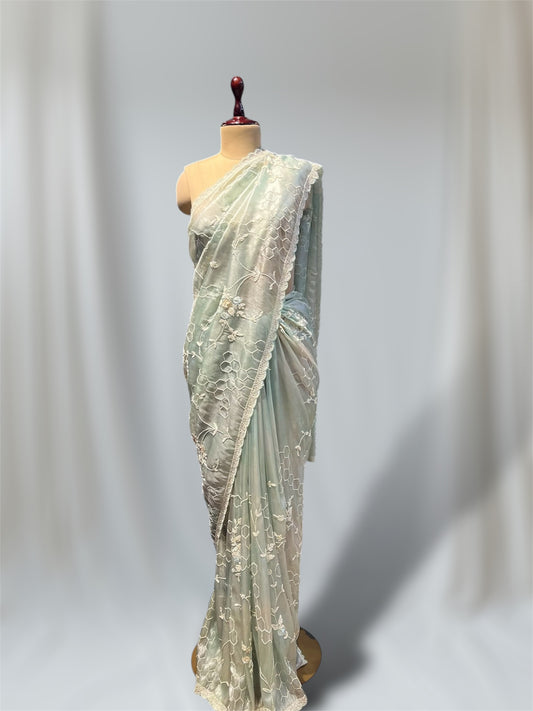 SEA GREEN COLOR ORGANZA SAREE EMBELLISHED WITH SEQUINS & PEARL WORK