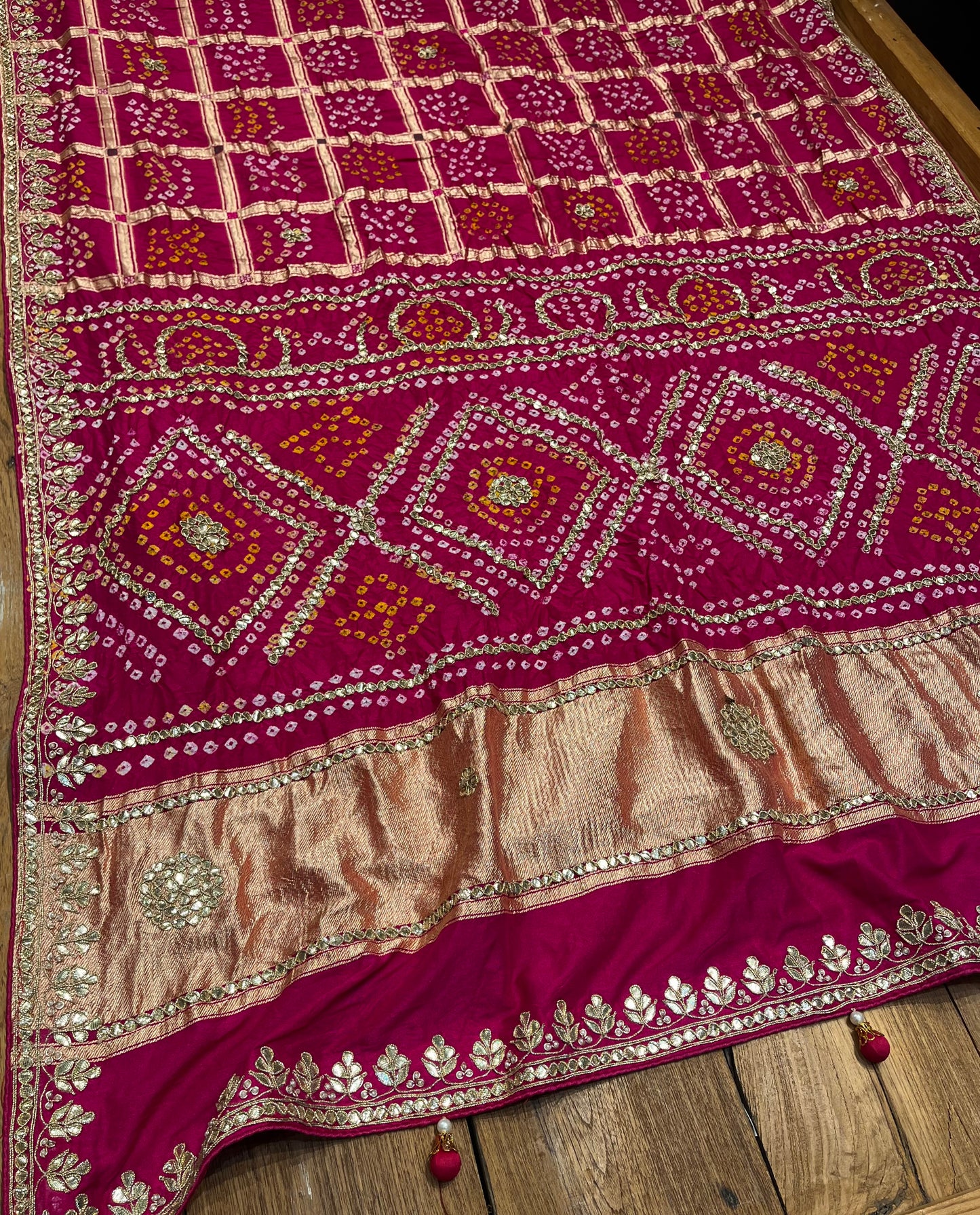 PINK COLOUR BANDHANI GHARCHOLA DOLA SILK GOTA PATTI WORK EMBROIDERED SAREE