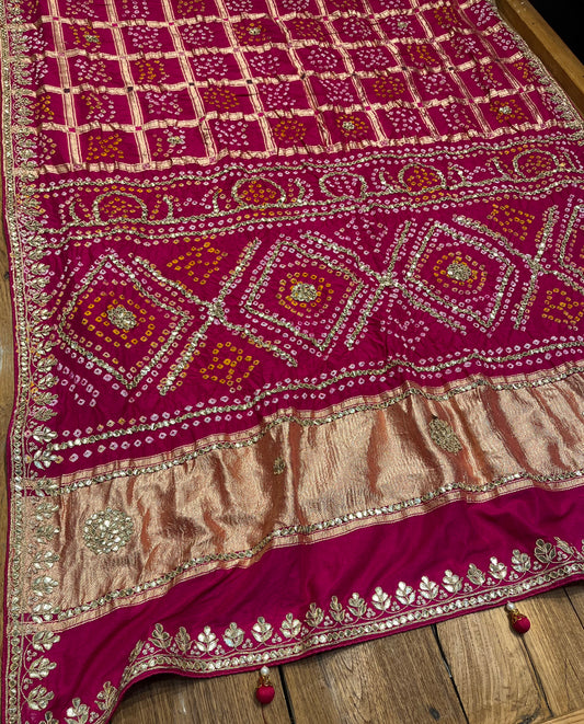 PINK COLOUR BANDHANI GHARCHOLA DOLA SILK GOTA PATTI WORK EMBROIDERED SAREE