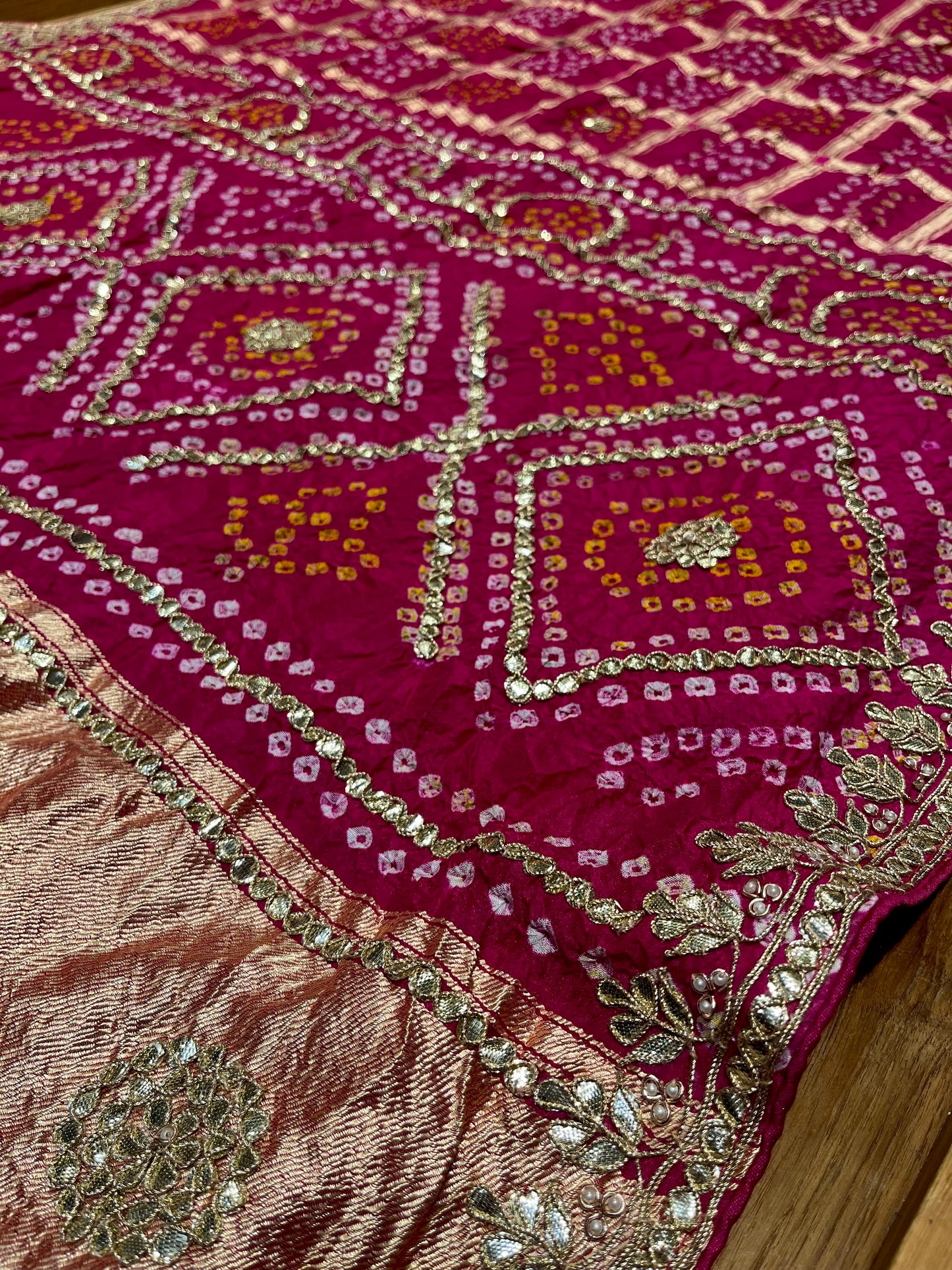 PINK COLOUR BANDHANI GHARCHOLA DOLA SILK GOTA PATTI WORK EMBROIDERED SAREE