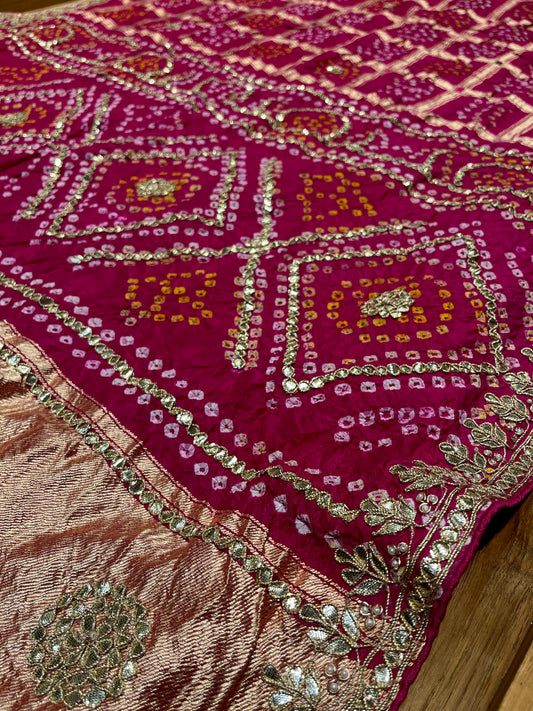PINK COLOUR BANDHANI GHARCHOLA DOLA SILK GOTA PATTI WORK EMBROIDERED SAREE