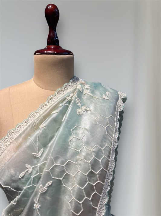 SEA GREEN COLOR ORGANZA SAREE EMBELLISHED WITH SEQUINS & PEARL WORK