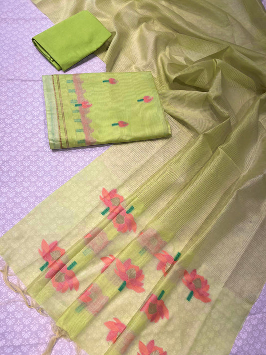 GREEN COLOUR TANT DHAKAI JAMDANI UNSTITCHED SUITS (DRESS MATERIAL)
