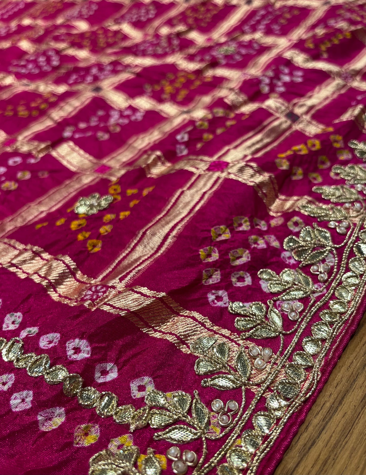 PINK COLOUR BANDHANI GHARCHOLA DOLA SILK GOTA PATTI WORK EMBROIDERED SAREE