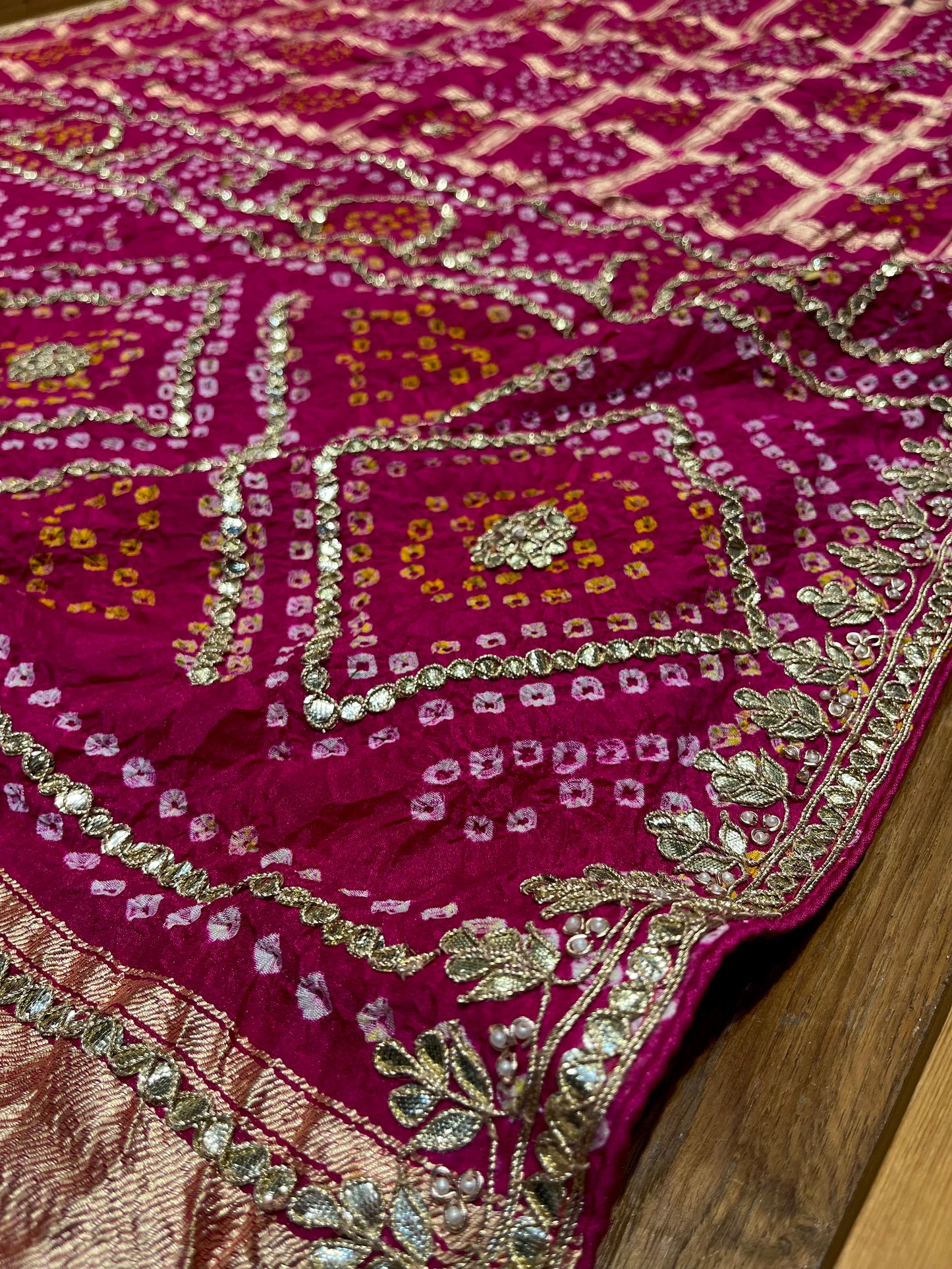 PINK COLOUR BANDHANI GHARCHOLA DOLA SILK GOTA PATTI WORK EMBROIDERED SAREE