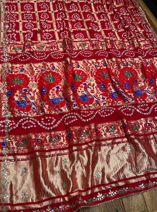 RED COLOUR DOLA SILK GHARCHOLA SAREE EMBELLISHED WITH GOTA PATTI WORK