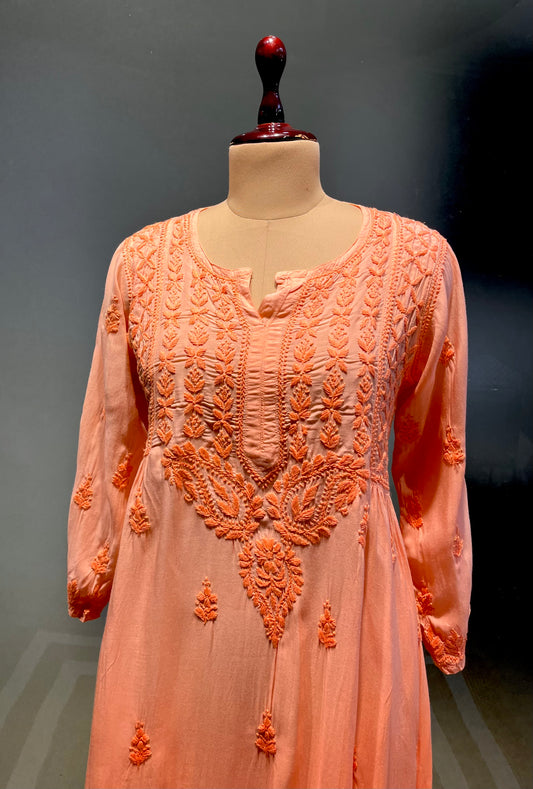 PEACH SHADED MUSLIN CHIKANKARI KURTA