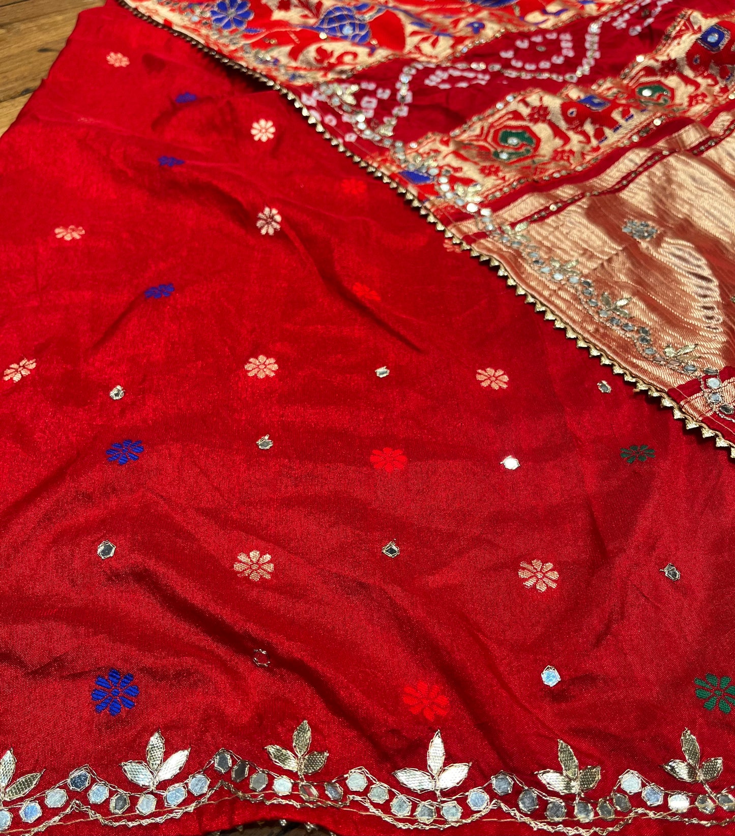 RED COLOUR DOLA SILK GHARCHOLA SAREE EMBELLISHED WITH GOTA PATTI WORK