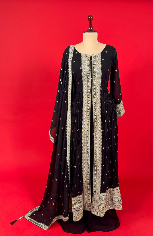 BLACK COLOUR GEORGETTE FRONT SLIT KURTA WITH PALAZZO PANT & EMBROIDERED DUPATTA EMBELLISHED WITH ZARI & SEQUINS WORK