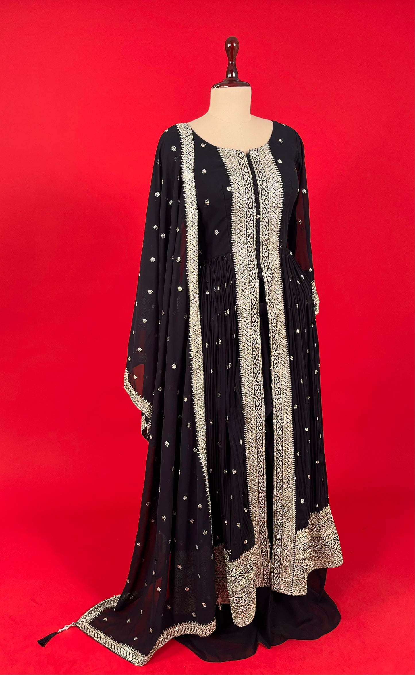 BLACK COLOUR GEORGETTE FRONT SLIT KURTA WITH PALAZZO PANT & EMBROIDERED DUPATTA EMBELLISHED WITH ZARI & SEQUINS WORK