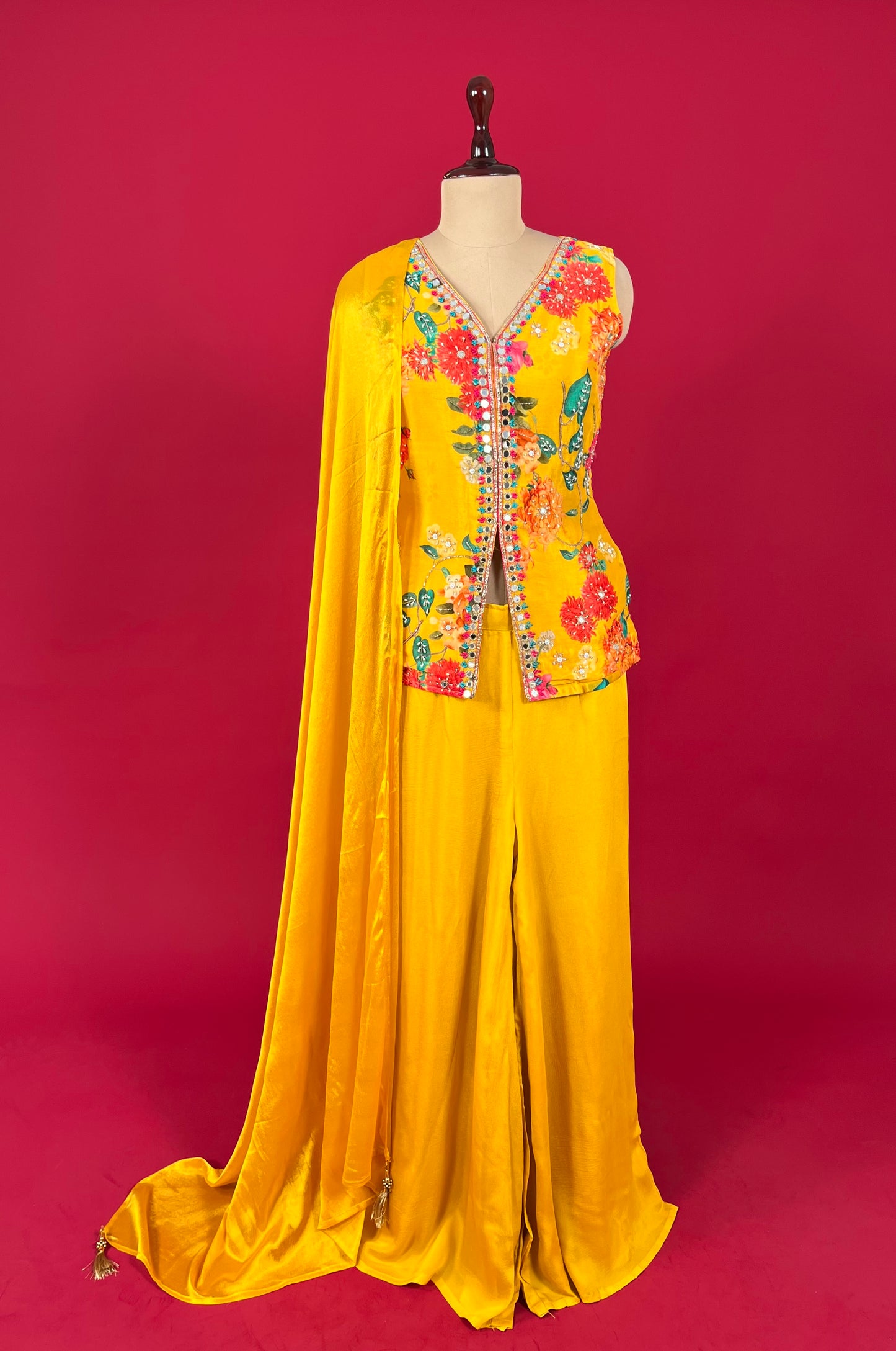 YELLOW COLOUR CHINON PALAZZO PANT WITH EMBROIDERED KURTA EMBELLISHED WITH MIRROR WORK