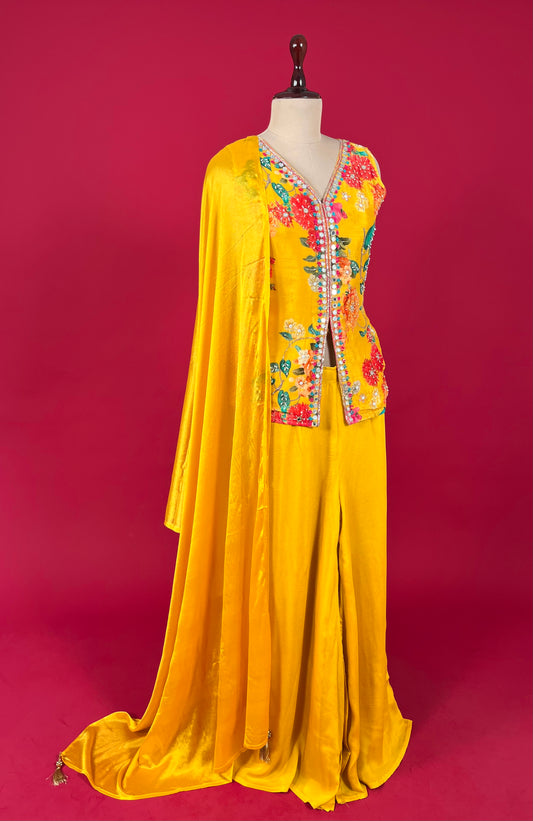 YELLOW COLOUR CHINON PALAZZO PANT WITH EMBROIDERED KURTA EMBELLISHED WITH MIRROR WORK