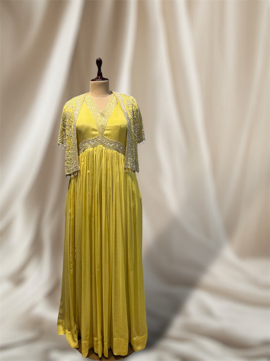 YELLOW COLOUR CHINON GOWN WITH JACKET EMBELLISHED WITH SEQUINES / PIPE / BEAD WORK