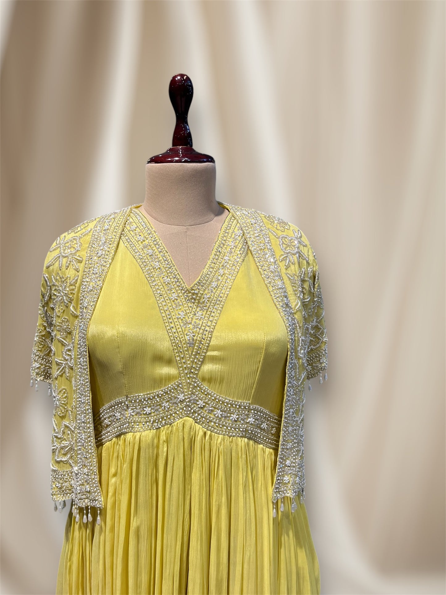 YELLOW COLOUR CHINON GOWN WITH JACKET EMBELLISHED WITH SEQUINES / PIPE / BEAD WORK