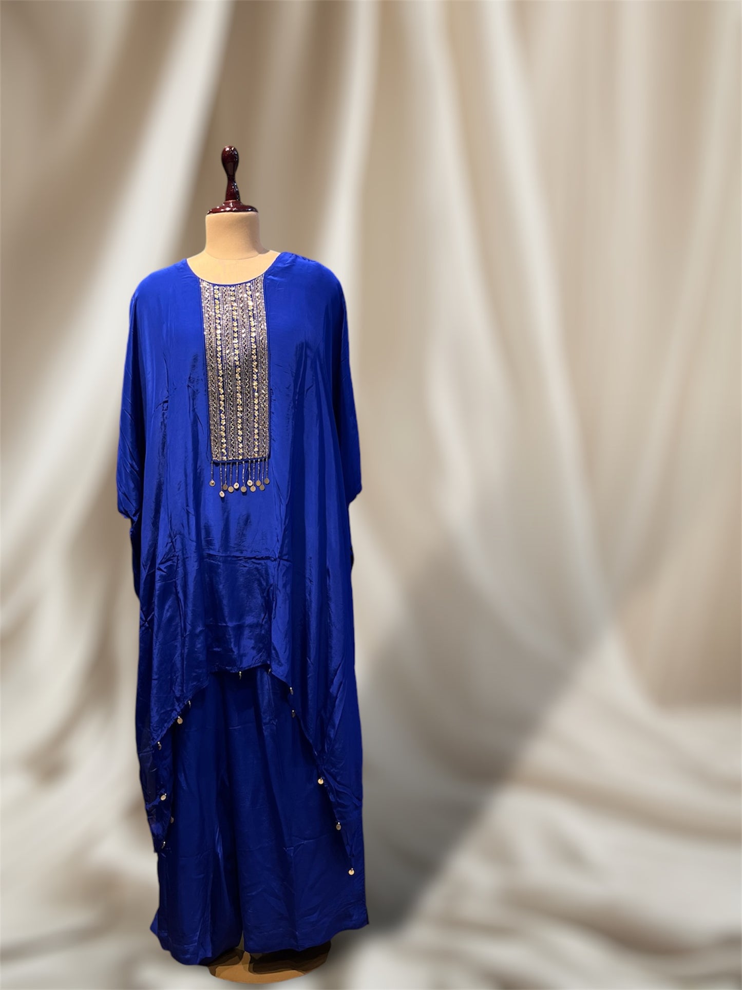 NAVY BLUE COLOUR SATIN KAFTAN WITH PLAZZO COARD SET EMBELLISHED WITH PIPES AND SEQUINES WORK