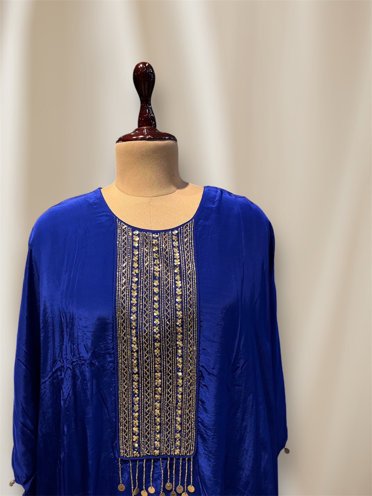 NAVY BLUE COLOUR SATIN KAFTAN WITH PLAZZO COARD SET EMBELLISHED WITH PIPES AND SEQUINES WORK