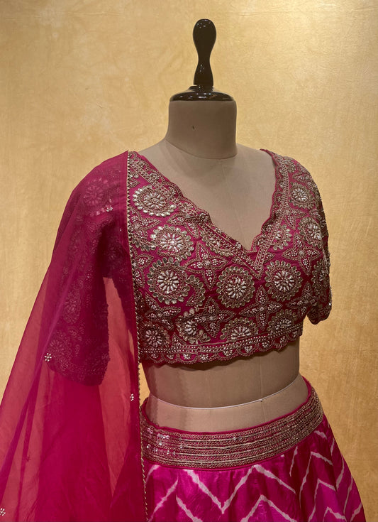 PINK COLOR PURE TUSSAR SILK LEHERIYA LEHENGA WITH EMBROIDERED BLOUSE & ORGANZA DUPATTA EMBELLISHED WITH GOTA PATTI & PEARL WORK