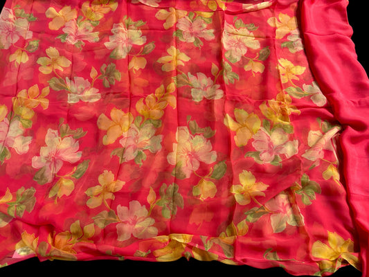 CARROT PINK CHIFFON PRINTED SAREE WITH PLAIN CREPE BLOUSE
