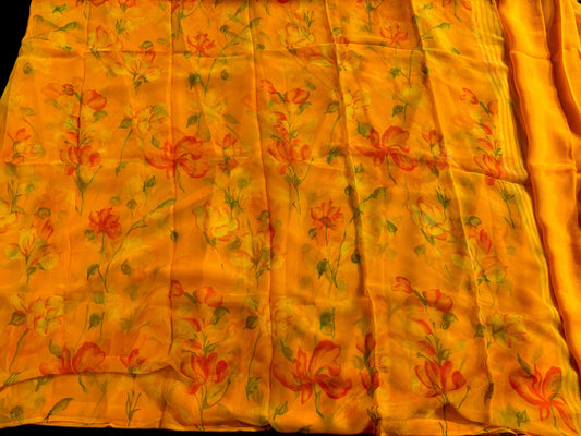 MARIGOLD FLOWER COLOUR PRINTED CHIFFON SAREE WITH CREPE BLOUSE