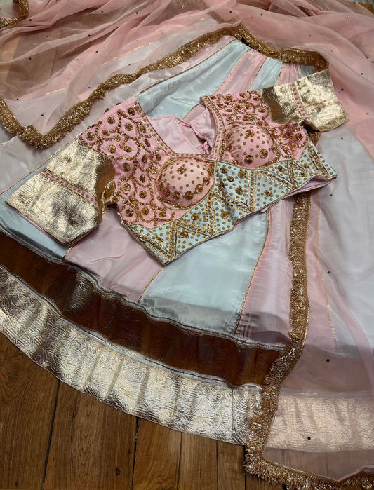PINK & PASTEL BLUE COLOUR KALI LEHENGA WITH READYMADE BLOUSE & ORGANZA DUPATTA EMBELLISHED WITH GOTA PATTI & BEADS WORK